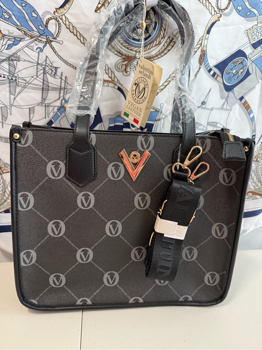 Valentino Orlandi Black Tote with Gold V-Logo NWT